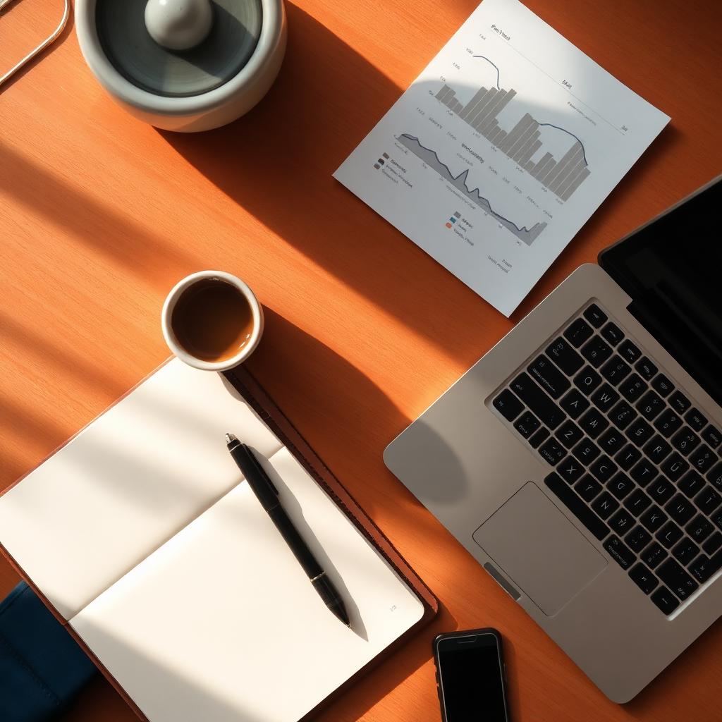 A calm desk with coffee, notebook, and a laptop showing financial charts